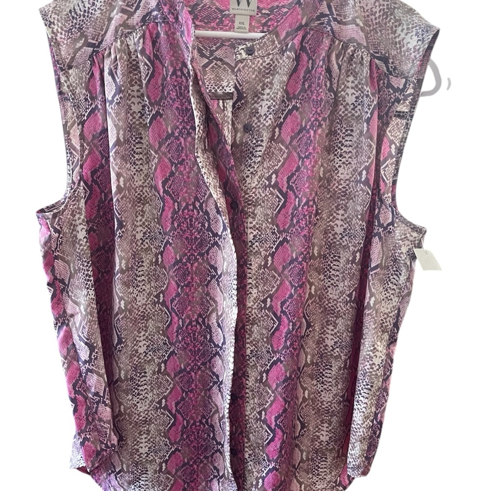 Worthington Pink and Purple Sleeveless Blouse with Mandarin Collar